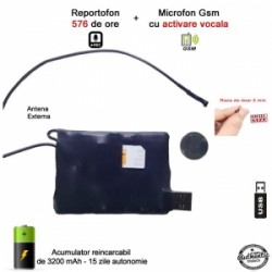 Microfon hibrid -reportofon 576 de ore + microfon GSM cu functie de activare vocala